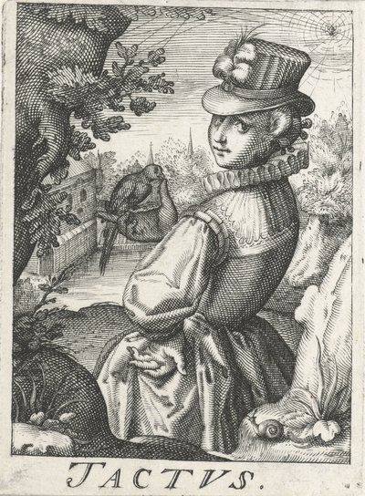Känsla (Tactus), en kvinna med en fågel Tactus (titel på objekt) De fem sinnena (serietitel) av Hendrick Hondius (rejected attribution)