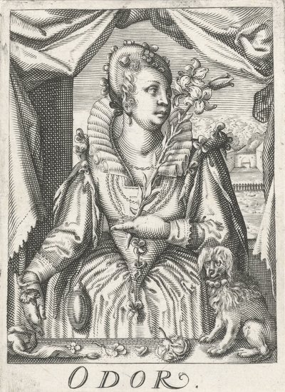 Lukt (Oft), en kvinna med en blomgren Lukt (titel på objekt) De fem sinnena (serietitel) av Hendrick Hondius (rejected attribution)