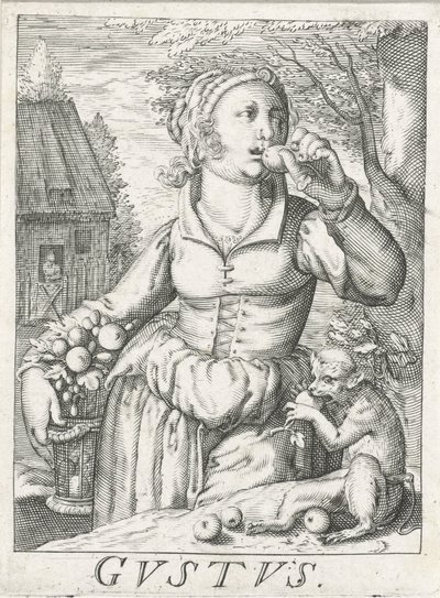 Smak (Gustus), en kvinna med frukt Gustus (titel på objekt) De fem sinnena (serietitel) av Hendrick Hondius (rejected attribution)