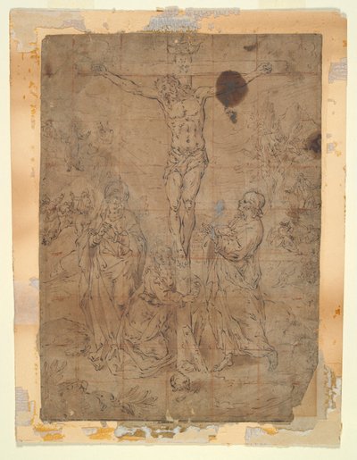 Kristus på korset mellan Jungfrun och St. Johannes med scener av passionen i bakgrunden av Hendrick de Clerck