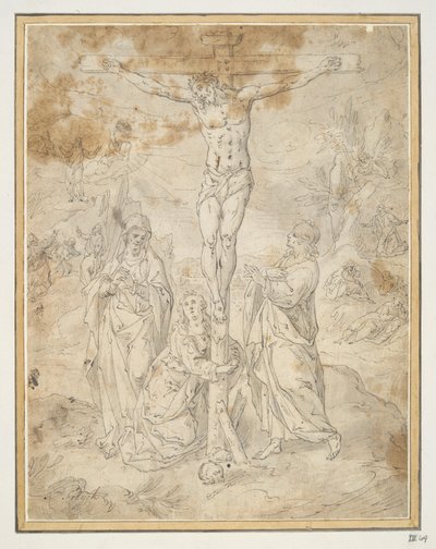 Kristus på korset mellan Jungfrun och St. Johannes med scener av passionen i bakgrunden av Hendrick de Clerck