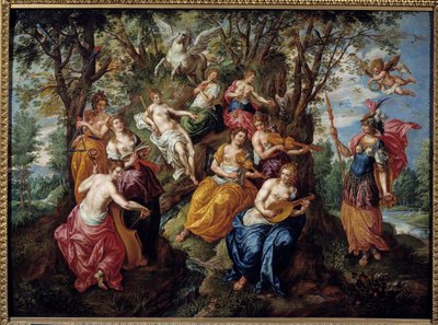 Besök av Minerva vid Muses Målning av Hendrick de Clerk (1570-1629) (ec.flam.) Chalons Sur Marne från 1600-talet. Museum of Fine Arts av Hendrick de Clerk