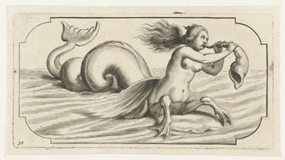 En kvinnlig figur blåser på ett skal Nouveau Livre des Dieux et Deeßes De la Marine Bouckje of Sea Gods and Goddesses (serietitel) av Hendrick de Keyser (I)