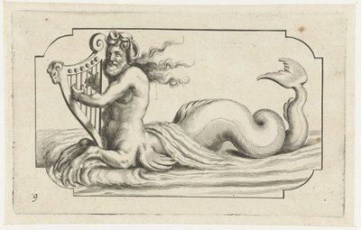 Triton spelar en harpa Nouveau Livre des Dieux et Deeßes De la Marine Bouckje of Sea Gods and Goddesses (serietitel) av Hendrick de Keyser (I)