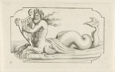 Triton spelar en harpa Nouveau Livre des Dieux et Deeßes De la Marine Bouckje of Sea Gods and Goddesses (serietitel) av Hendrick de Keyser (I)