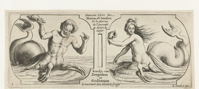 Två fack, i varje en triton Nouveau Livre des Dieux et Deeßes De la Marine Bouckje of Sea Gods and Goddesses (titel på objektet) Nouveau Livre des Dieux et Deeßes De la Marine Bouckje of Sea Gods and Goddesses (serietitel) av Hendrick de Keyser (I)