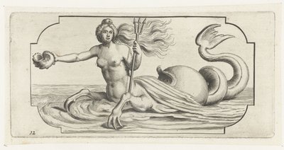 Kvinnlig figur med treudden av Neptunus Nouveau Livre des Dieux et Deeßes De la Marine Bouckje of Sea Gods and Goddesses (serietitel) av Hendrick de Keyser (I)