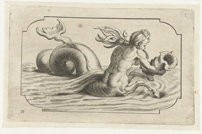 Sjöhäst med en manlig överkropp Nouveau Livre des Dieux et Deeßes De la Marine Bouckje of Sea Gods and Goddesses (serietitel) av Hendrick de Keyser (I)