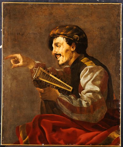 En sittande lutanist som pekar av Hendrick ter Brugghen