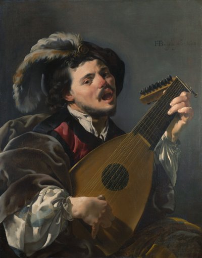 Holländska: Zingende lute spelen man En man som spelar luta av Hendrick ter Brugghen