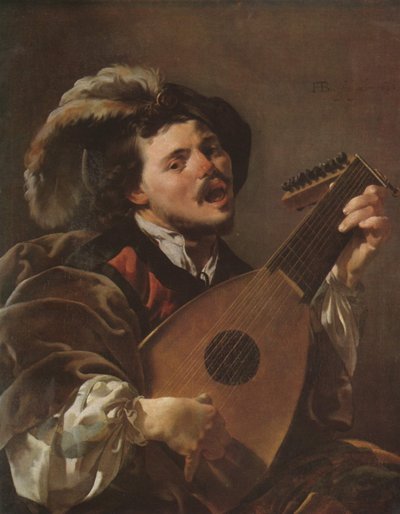Holländska: Zingende lute spelen man En man som spelar luta av Hendrick ter Brugghen