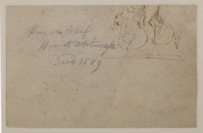 Anteckning av senare hand. Skiss över en hukande figur och en uppfödande häst, ?, 1500-tal av Hendrick van Cleve