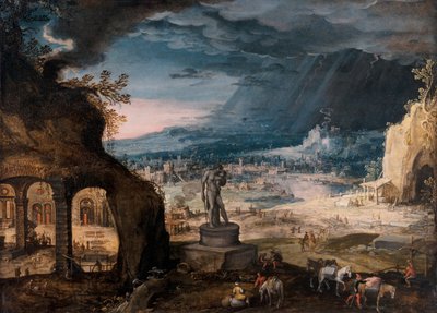 Landskap med en staty av Saturnos/Allegory of Time Passing By av Hendrick van Cleve
