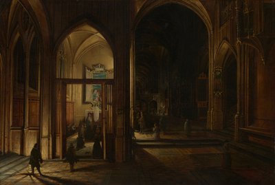 Interiör av en gotisk kyrka på natten av Hendrick van Steenwijk the Younger