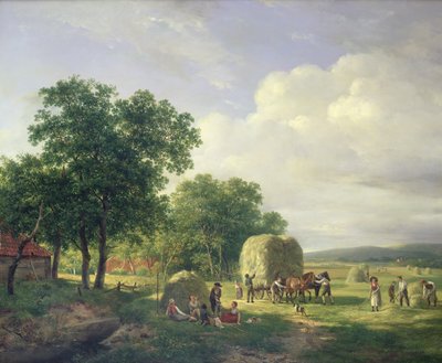 Skogbevuxen landskap med hömakare, 1822 av Hendrick van de Sande Bakhuyzen