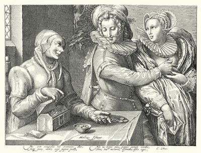 En ung man som väljer kärlek till skönhet snarare än rikedom (gravyr) av Hendrik (after) Goltzius