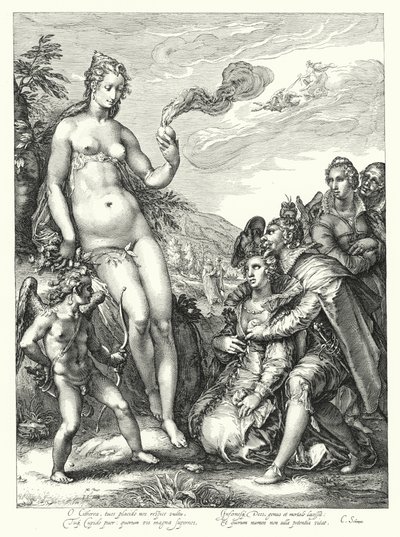 Venus, Amor och de två älskande paren (gravyr) av Hendrik (after) Goltzius