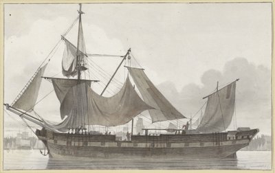 Tre-master under nödrigg, går in i en hamn med svag vind Segelfartyg sett från sidan, i en hamn av Hendrik Abraham Klinkhamer