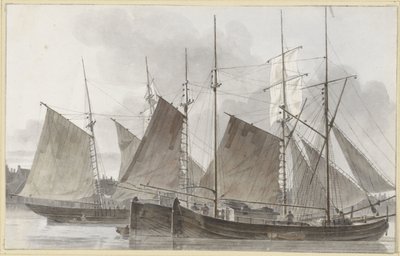 Segelfartyg lade till framför en stad av Hendrik Abraham Klinkhamer