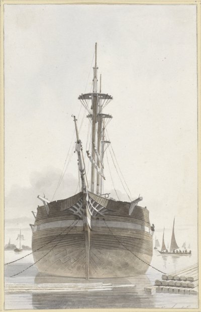 Segelfartyg sett framifrån i en timmerhamn av Hendrik Abraham Klinkhamer