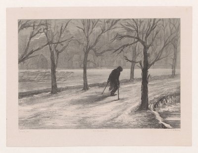 Man på kryckor i ett vinterlandskap Winter also in life (originaltitel) av Hendrik Adriaan Christiaan Dekker