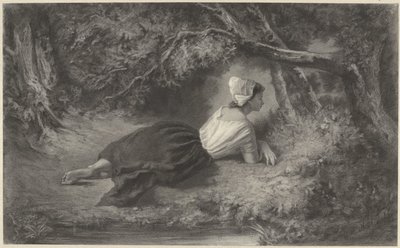 Flicka som ligger under träd vid ett vatten av Hendrik Adriaan Christiaan Dekker