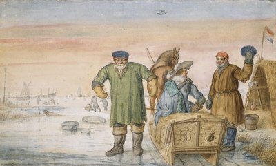 Två gamla män bredvid en släde som bär Amsterdams och Utrechts vapen, 1620-33 av Hendrik Avercamp