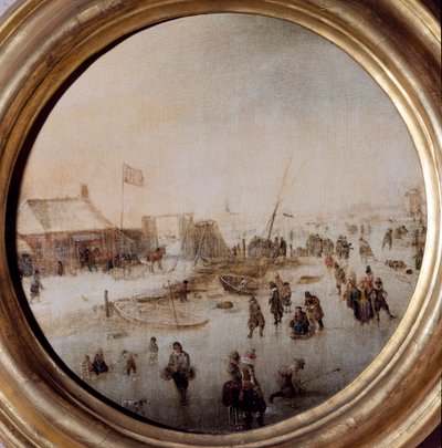 Vinterlandskap med skridskoåkare Målning av Hendrick Avercamp (1585-1634) Diameter 25 cm Musei di Strada Nuova (ex Palazzo Rosso) av Hendrik Avercamp