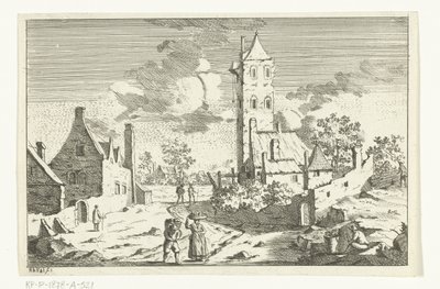 Byutsikt med hus och torn på en sandväg med figurer av Hendrik Berg