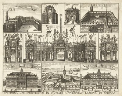 Blad met tien voorsetningen van de intocht van de Kardinaal Infant Ferdinand te Antwerpen, 1635 Exemplar av de mest magnifika platserna och verken i staden Antwerpen (titel på objekt) av Hendrik Causé