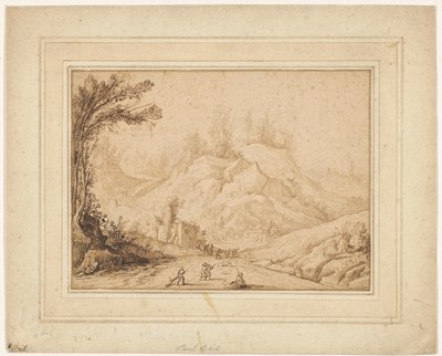 Bergslandskap med figurer på en väg nära ett värdshus av Hendrick Cornelisz. Vroom
