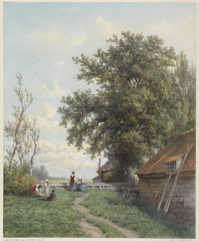 Gårdsgård med några figurer, till höger en lada och stort träd av Hendrik Dirk Kruseman van Elten