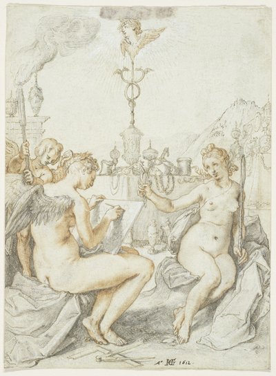 Allegori om konsten att teckna med konstnärens emblem, 1612 (bläck, krita och gouache på papper) av Hendrik Goltzius