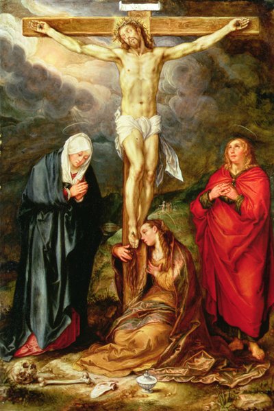 Kristus på korset, med Maria, Johannes och Magdalena, ca 1600 (olja på koppar) av Hendrik Goltzius