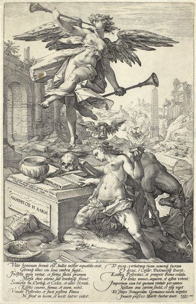 Berömmelse och historia, från romerska hjältar, 1586 av Hendrik Goltzius