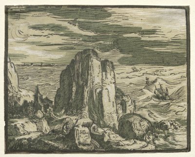 Från en uppsättning av 4 landskap: Cliffon vid havet. av Hendrik Goltzius