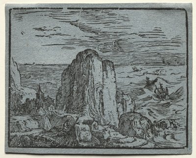 Från en uppsättning av 4 landskap: No.4- Cliff on the Seashore. av Hendrik Goltzius