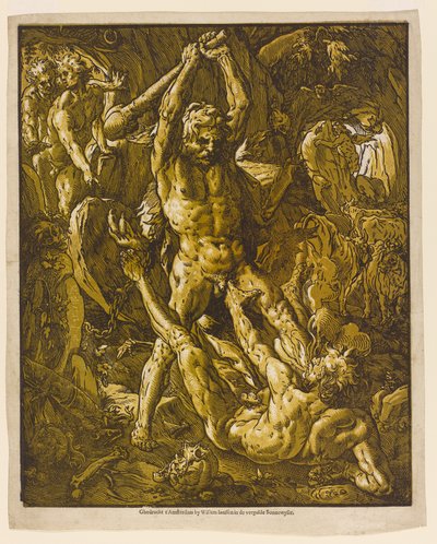 Hercules och Cacus, 1588 (chiaroscuro träsnitt på lagt papper) av Hendrik Goltzius
