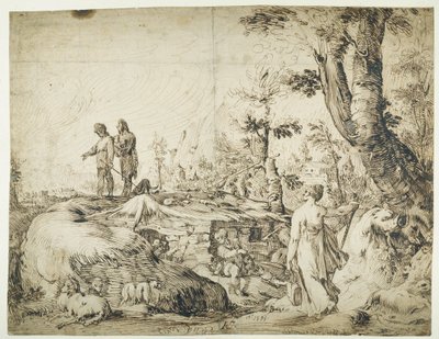 Landskap med bönder vid en koja av Hendrik Goltzius