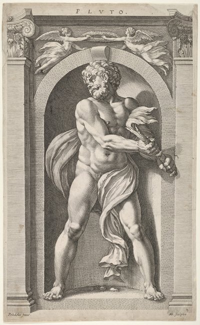 Pluto, a tergo skisser av en figur, fyra huvuden och en kolumn, 1592. av Hendrik Goltzius