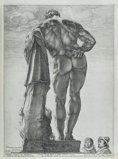 Bakifrån av Farnese Hercules (koppargravyr) av Hendrik Goltzius