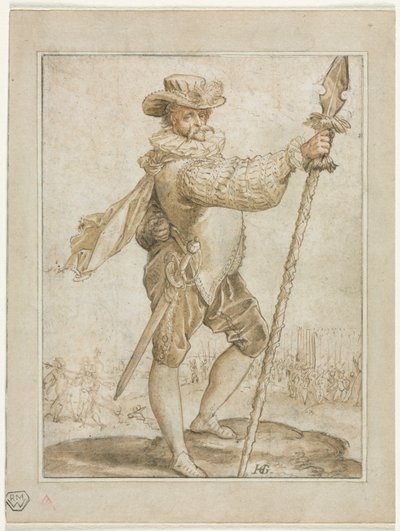 Stående officer som håller ett galtspjut, 1586. av Hendrik Goltzius