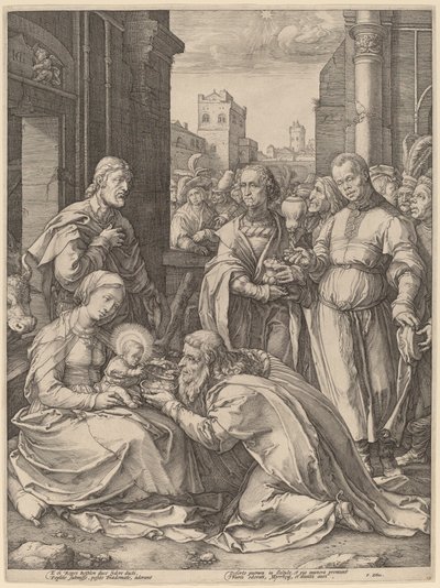 Tillbedjan av Magi av Hendrik Goltzius in the style of Lucas van Leyden