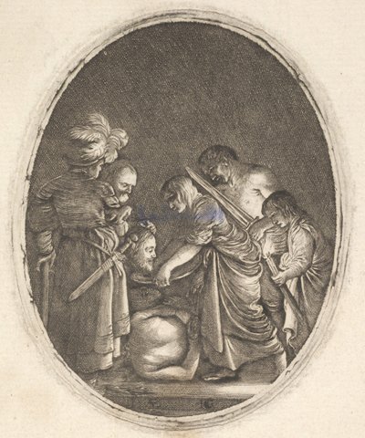 Salome tar emot Johannes Döparens huvud, omgiven av tre män och ett barn..., ca. 1610. av Hendrik Goudt