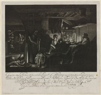 Jupiter och Merkurius i Filemons och Baucis hus av Hendrik Goudt after Adam Elsheimer