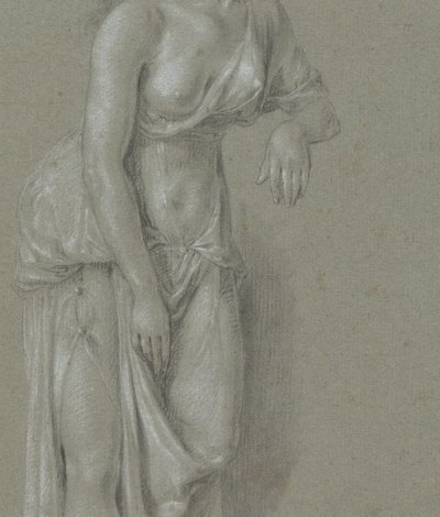 Figurstudie av en kvinna i klassisk mantel, stående tre fjärdedelar till höger av Hendrik Hoogers
