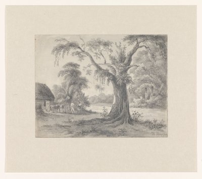 Landskap med träd och koja med häst och vagn och två figurer av Hendrik Huygens (signed by artist)