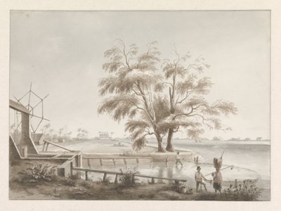 Vy över en plantage med sluss till vänster av Hendrik Huygens