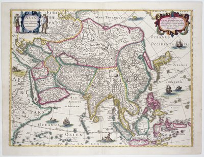 Översiktskarta med Arabien, Japan, den koreanska halvön och större delen av den indonesiska skärgården, 1631 (färggravyr) av Hendrik I Hondius