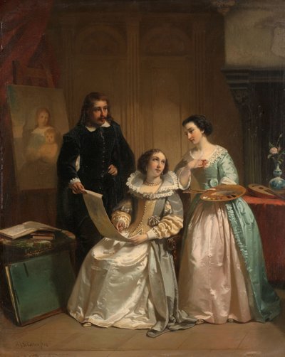 Gerard van Honthorst visar teckningarna av sin elev Louise av Böhmen för Amalia van Solms av Hendrik Jacobus Scholten